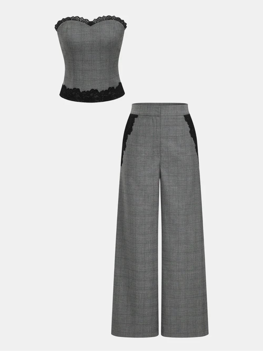 Commense Plaid lace trim Strapless top and pants set